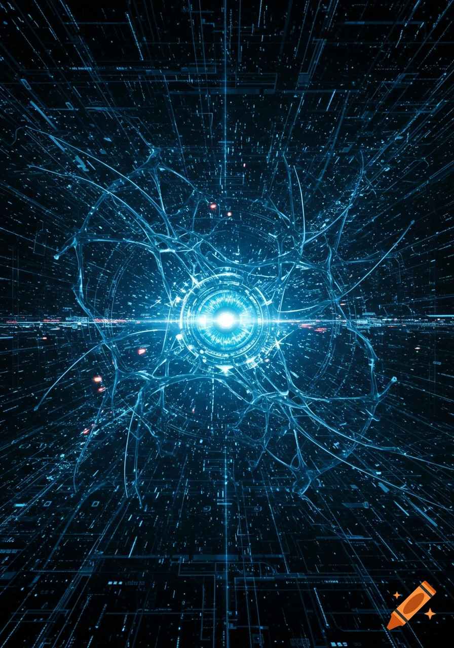 Vibrant blue light bursts from a central core in an abstract, dark digital space with intricate glowing lines and geometric patterns, resembling a futuristic neural network.