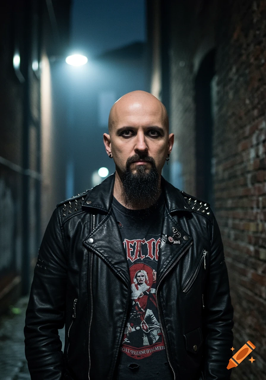 A bald man with a goatee and dark eye makeup wearing a black leather jacket and a band t-shirt, standing in a dark alley.