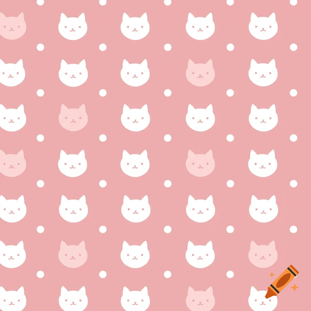 Seamless pattern of white and light pink cat heads and white polka dots on a pink background.