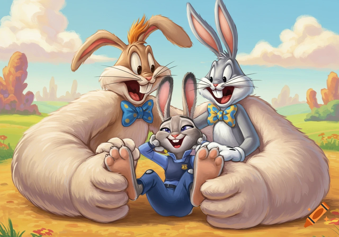 Bugs Bunny and Roger Rabbit tickle Judy Hopps' feet as she laughs, all three cartoon rabbits in a sunny, green field.