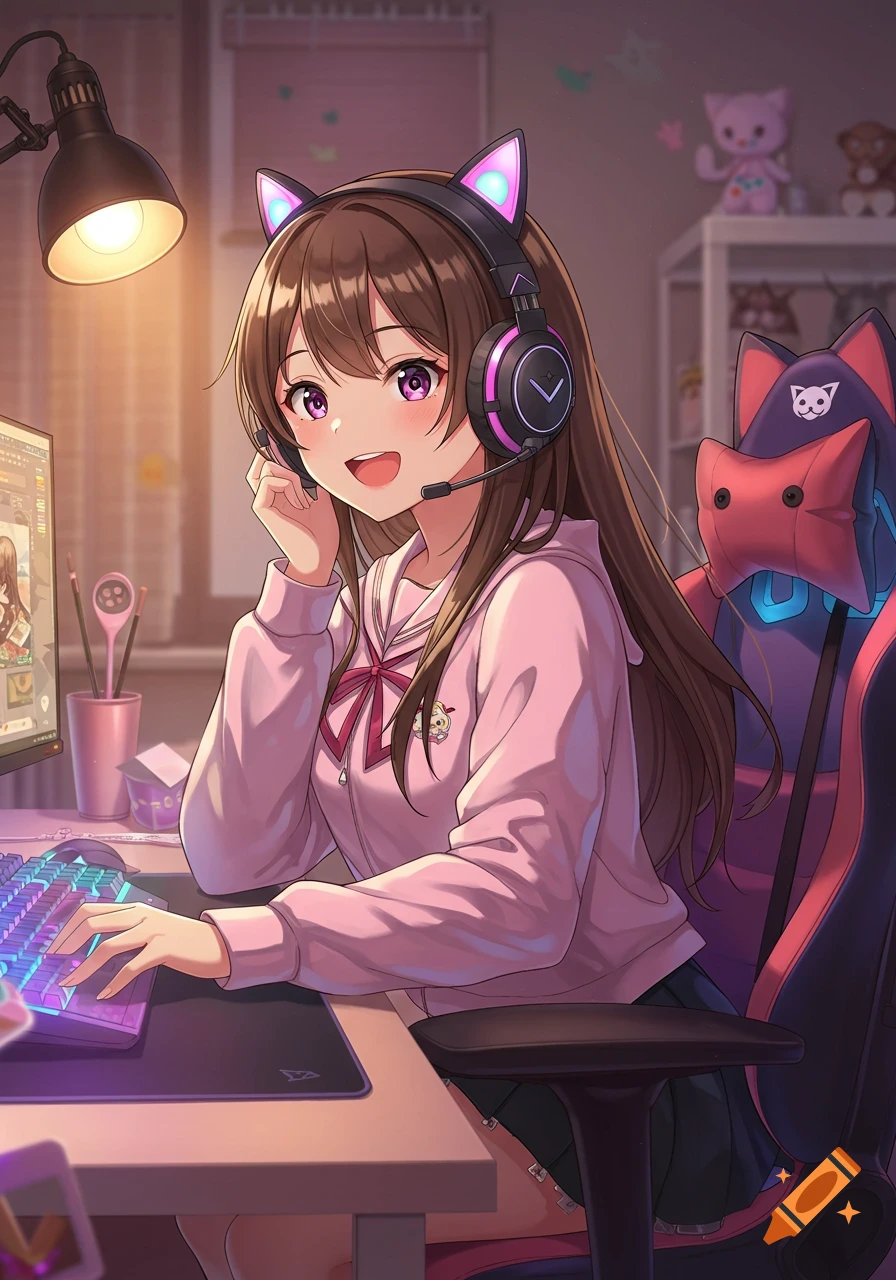 Anime girl with brown hair and cat ear headset smiles at her gaming PC, sitting at a desk in a colorful room.