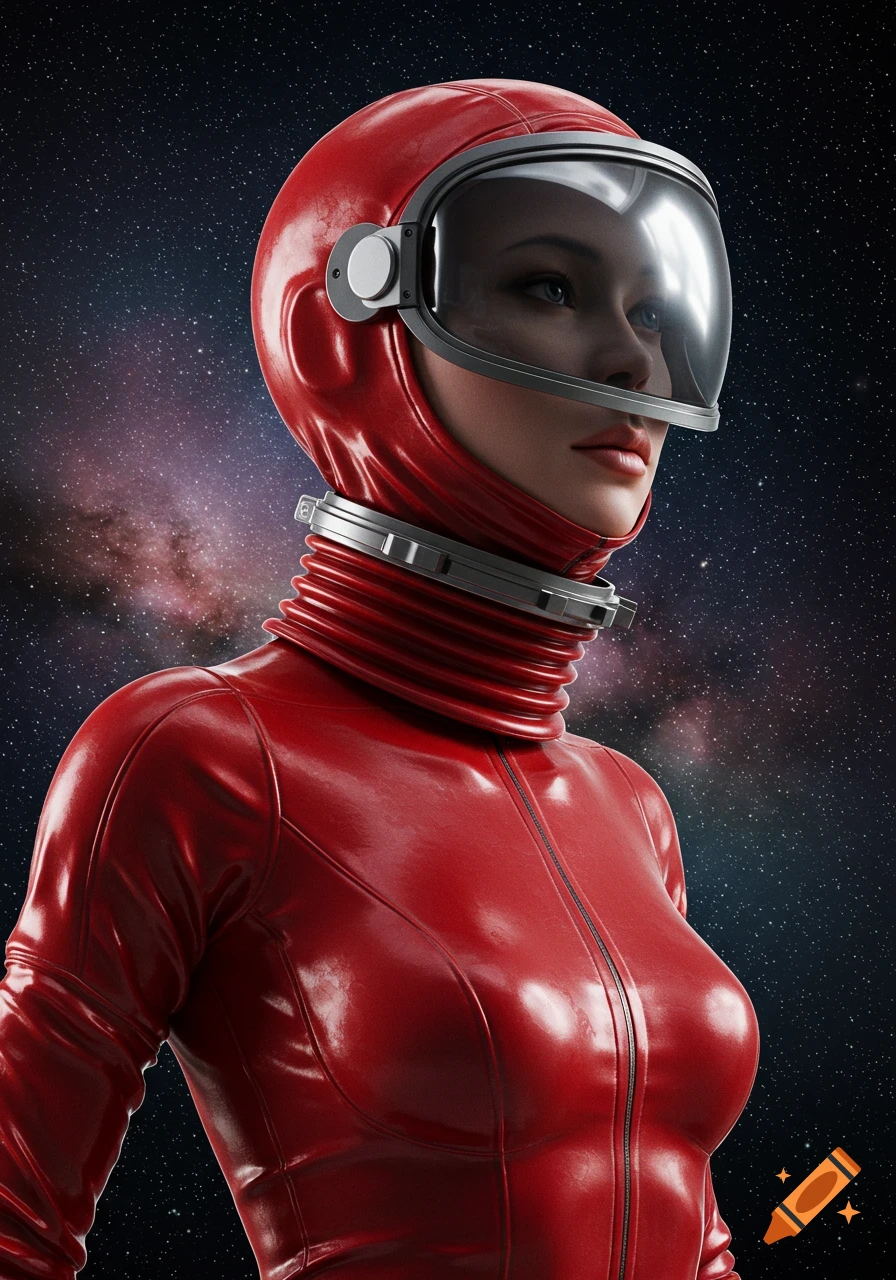 A photorealistic depiction of a female astronaut in a shiny red spacesuit and helmet, looking up against a starry space background.