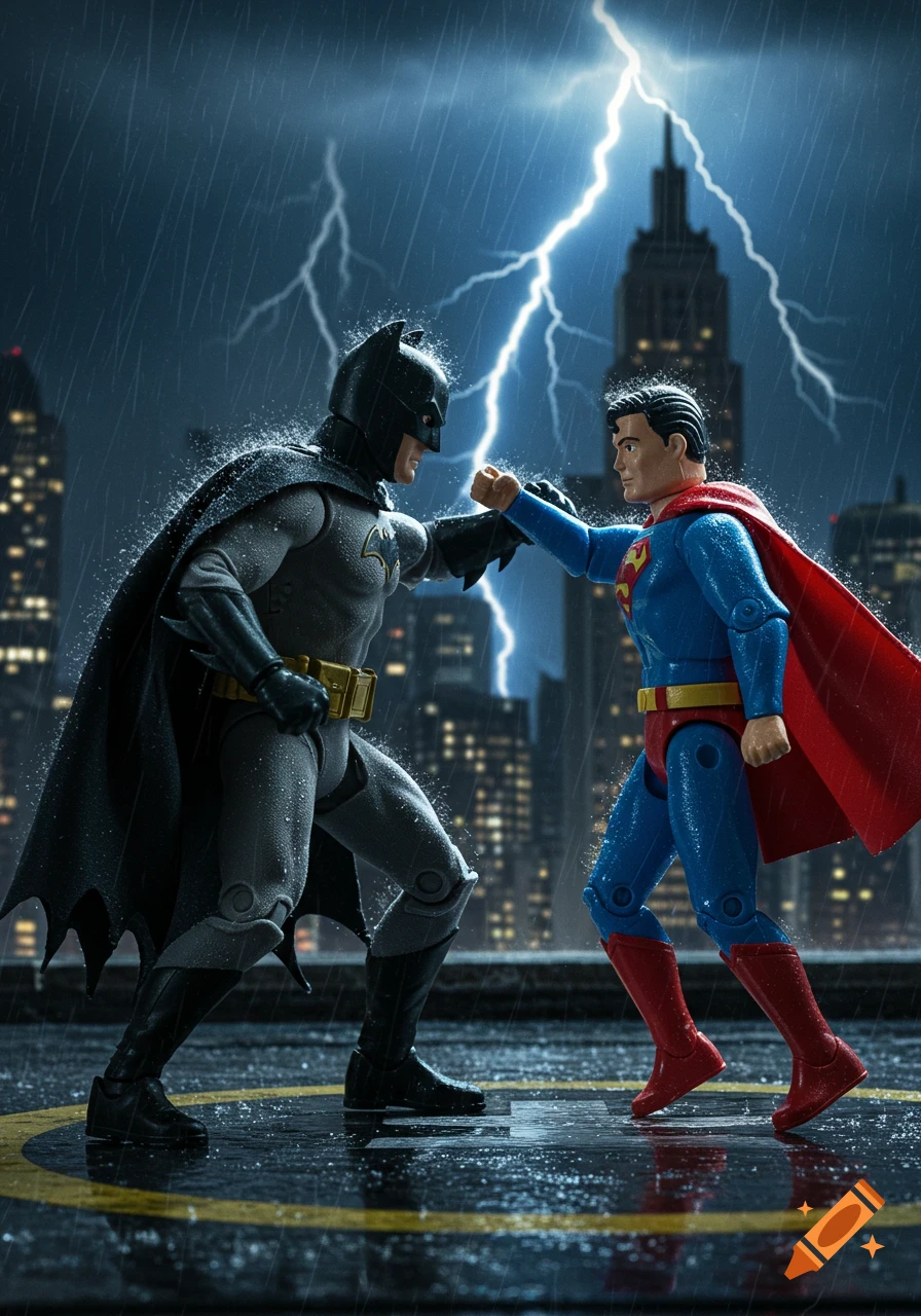 Batman and Superman action figures fighting on a wet rooftop during a thunderstorm with lightning.