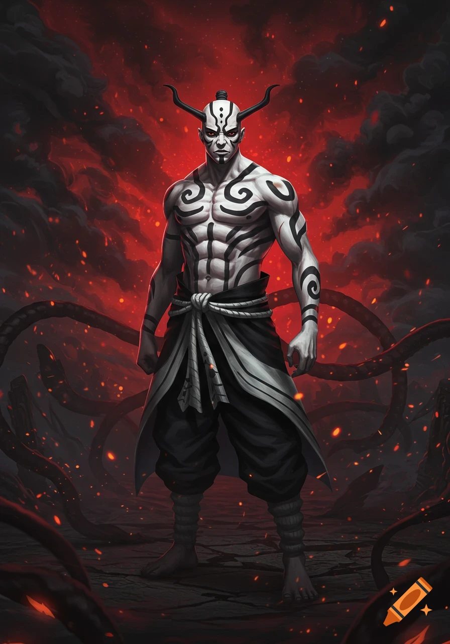 A muscular man with white skin, black tribal markings, horns, and red eyes stands against a fiery red and black background.