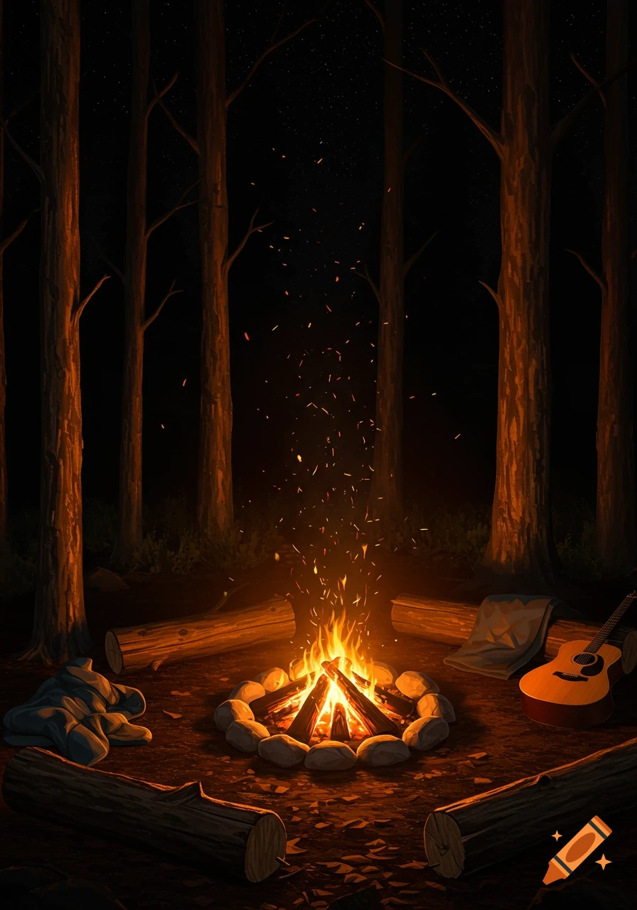A vibrant campfire surrounded by logs and stones glows brightly in a dark forest at night, with an acoustic guitar nearby.