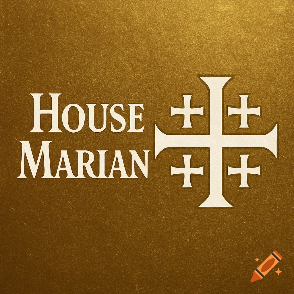 White 'House Marian' text next to a white Jerusalem cross, both on a textured golden background.