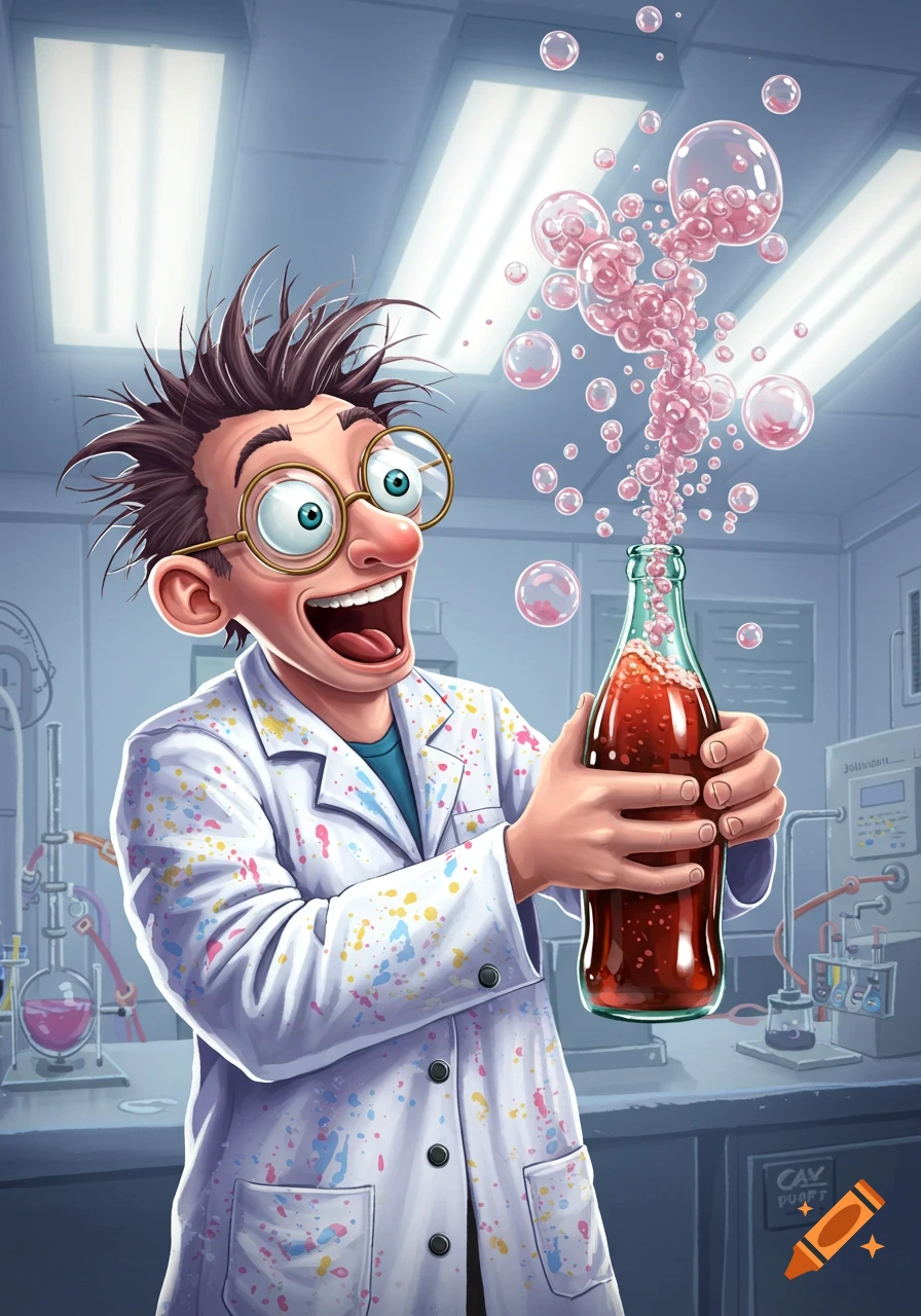 A cartoon scientist with wild hair and googly eyes excitedly holds an overflowing soda bottle in a lab.