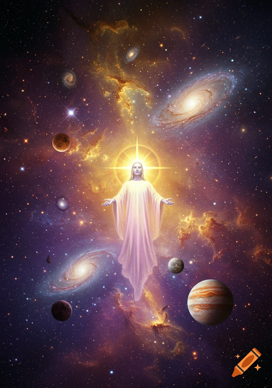 A radiant divine figure with a starburst halo floats in a colorful cosmic expanse with galaxies, nebulae, and planets.