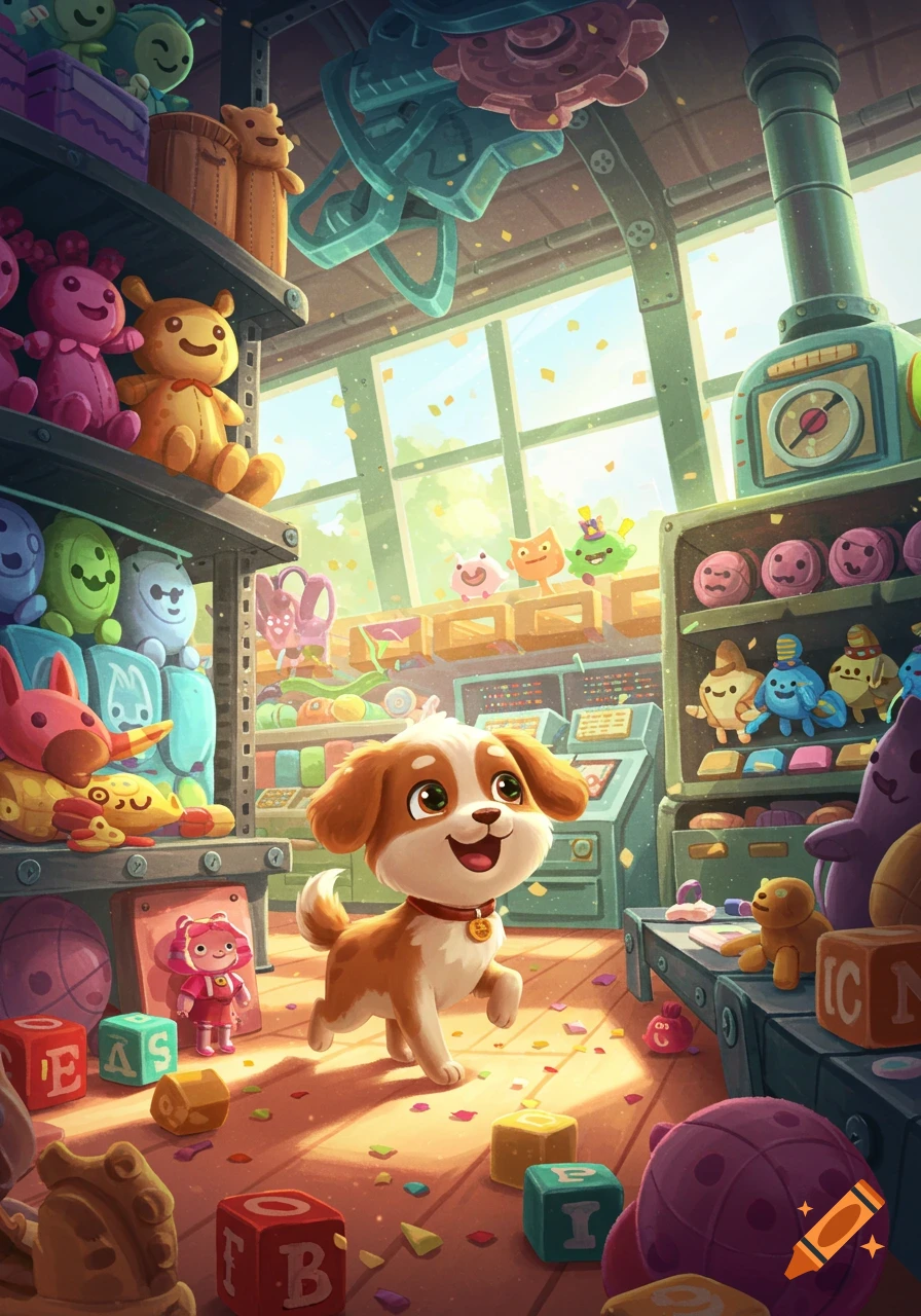 A cheerful cartoon puppy with brown and white fur walks through a bright, colorful toy store or factory filled with shelves of plush toys and letter blocks.