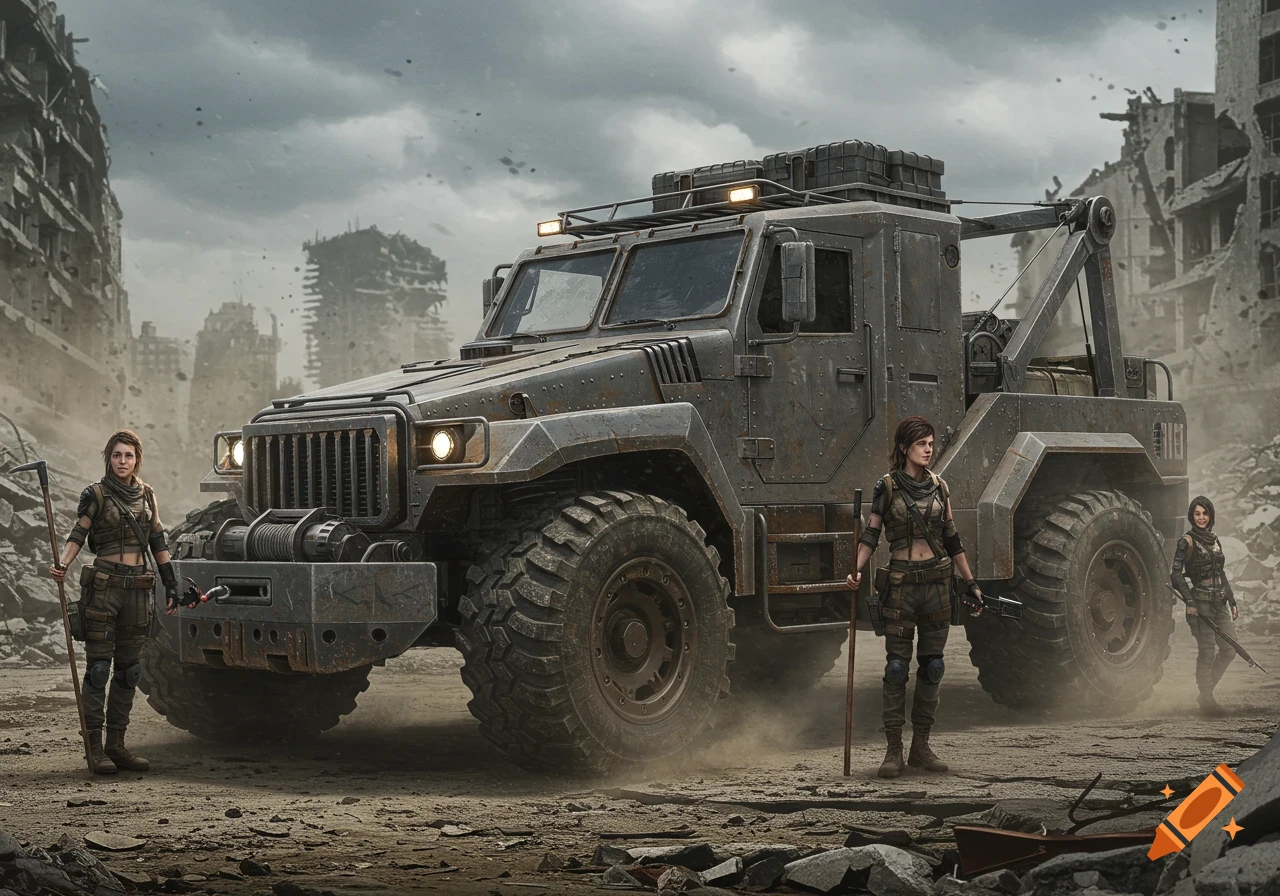 Photorealistic image of a rugged post-apocalyptic vehicle with three female survivors in a destroyed urban environment.