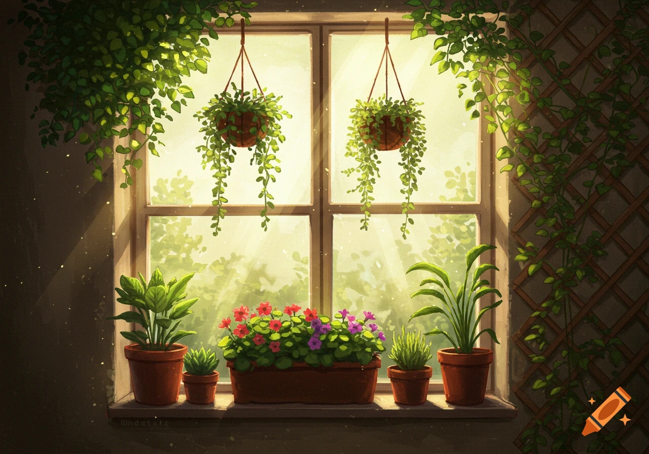 A vibrant digital art illustration of a window overflowing with various green plants in pots and hanging baskets, bathed in bright sunlight.