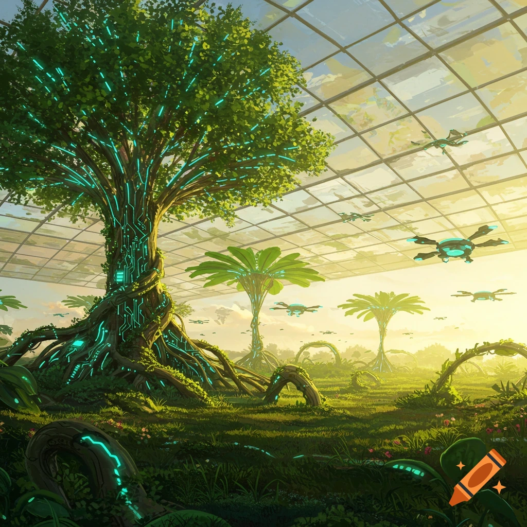 A large tree with glowing blue circuit patterns on its trunk and roots stands inside a massive glass greenhouse with drones flying around.