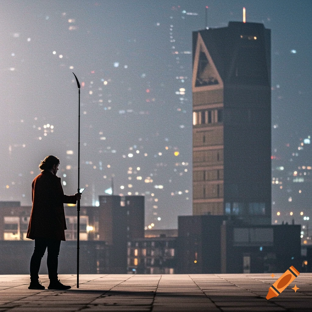 A person stands on a rooftop at night, looking at a phone, with a blurred cityscape and tall building in the background.