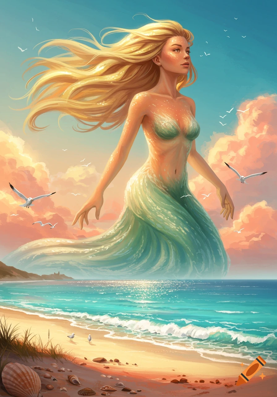 Vibrant illustration of a giant mermaid-like woman floating above a sunny beach with clear blue water and seagulls.