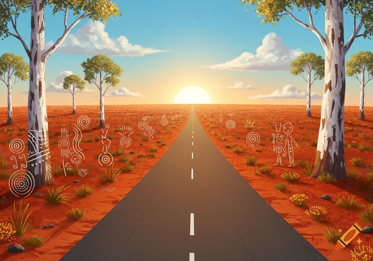 Illustrative landscape of a long road in a red desert, flanked by gum trees and white Indigenous Australian art symbols, under a setting sun.