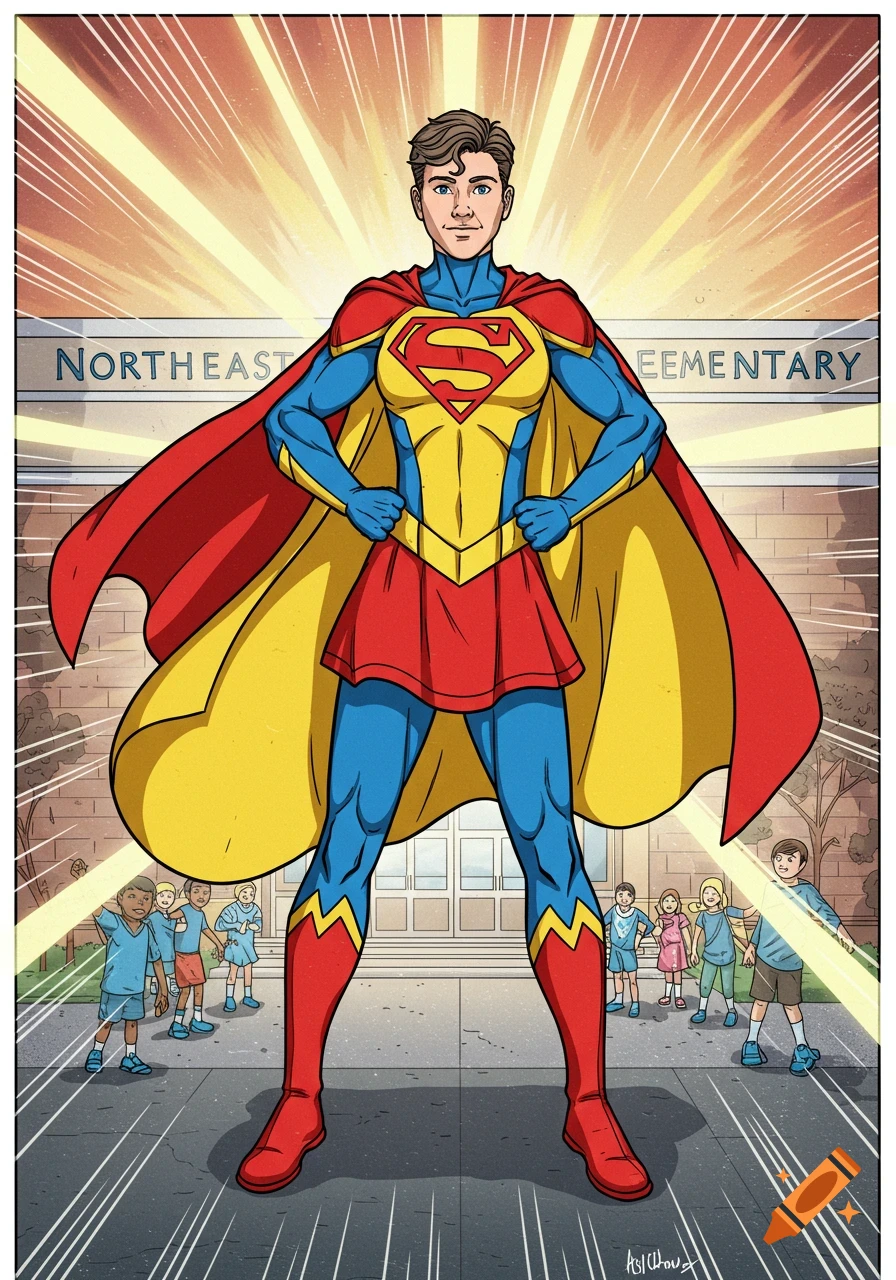 A superhero teacher in a red, yellow, and blue costume with an S symbol on the chest stands proudly in front of Northeast Elementary School, surrounded by smiling children in a modern comic book style.