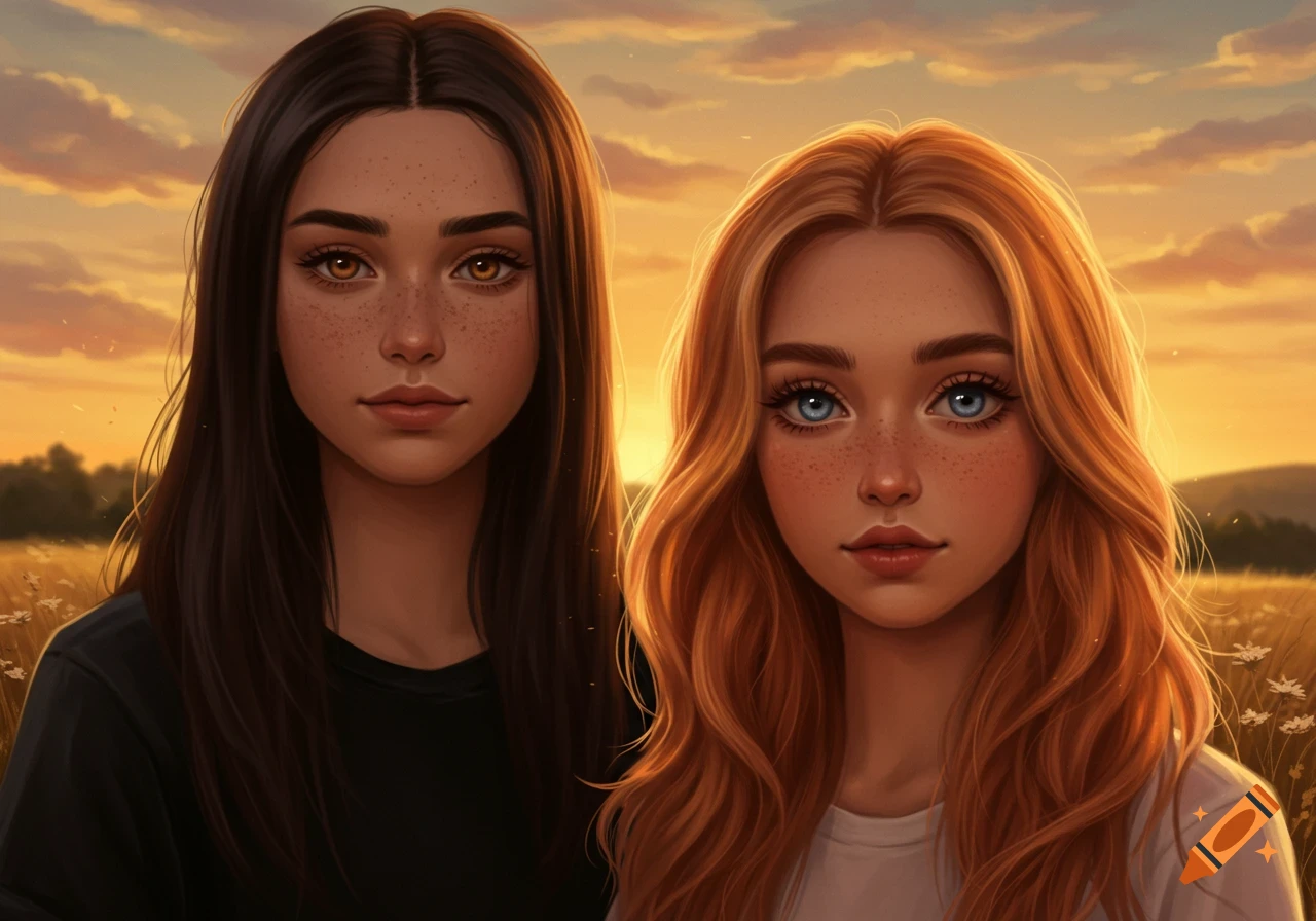 Two young women, one with dark hair and amber eyes, the other with wavy red hair and blue eyes and freckles, stand in a field at sunset in a stylized art style.