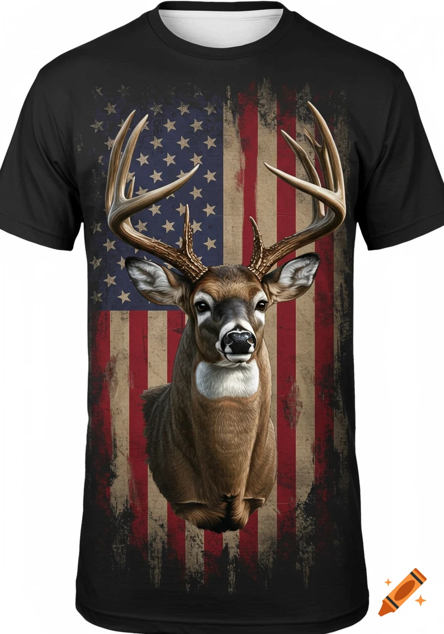 A white-tailed deer head centered on a distressed American flag printed on a black t-shirt.