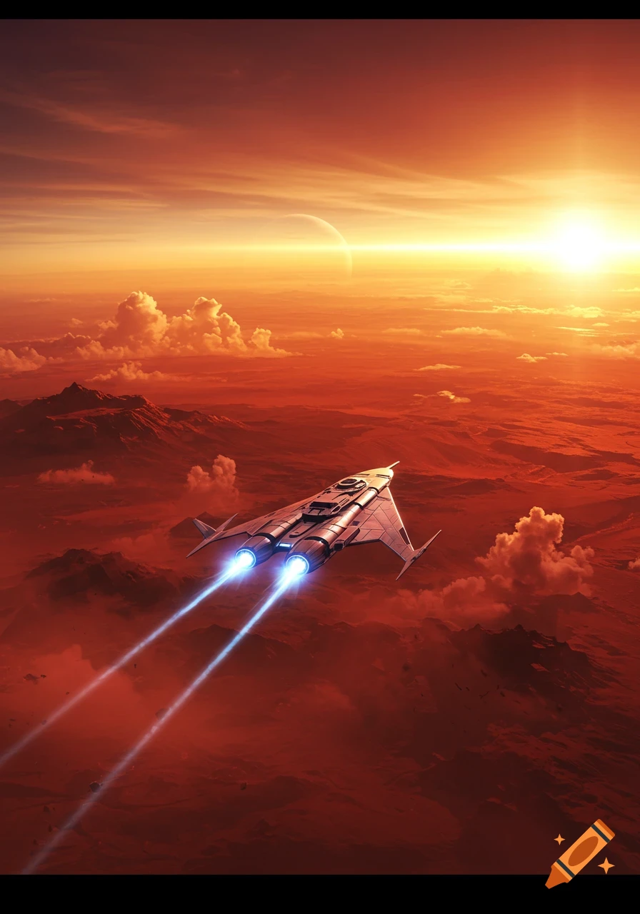 A futuristic spaceship with bright blue engines flies over a vibrant red planet with mountains under a fiery orange and yellow sky, with a sun glaring on the horizon.