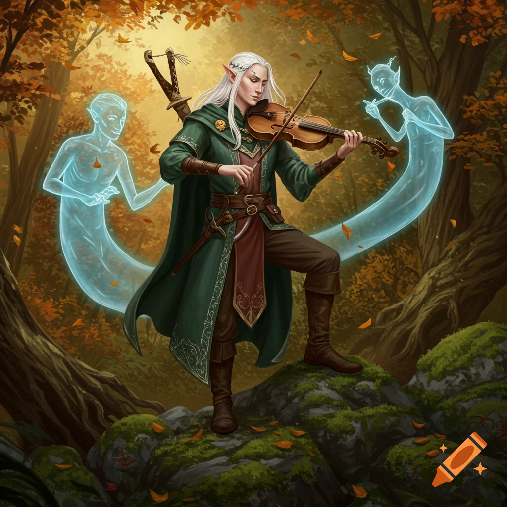 A white-haired elf bard in a green cloak plays a violin in an autumn forest, accompanied by two glowing blue ethereal spirits.