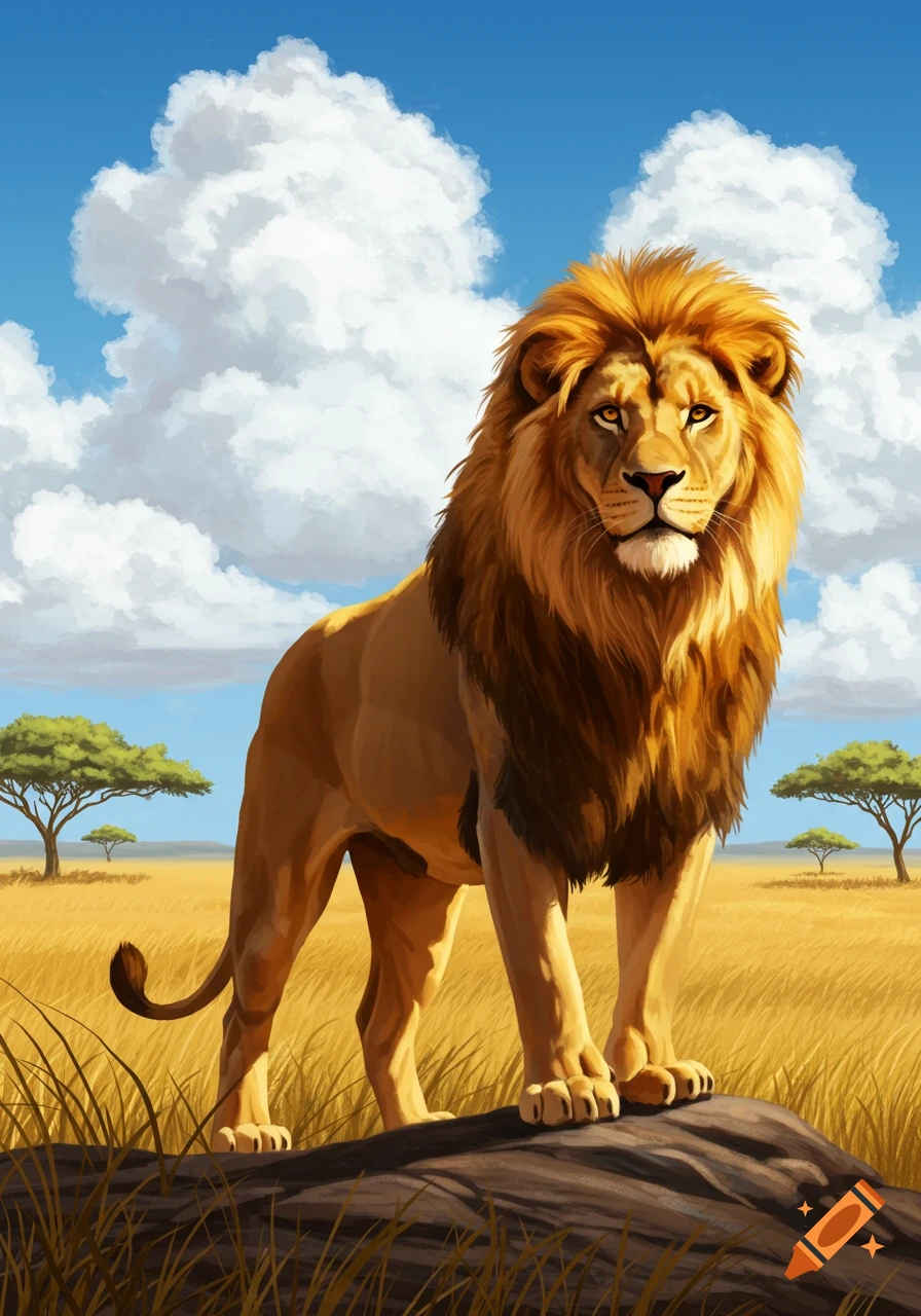 A majestic male lion stands on a rock in a golden savanna under a blue sky with white clouds, illustrated in a vibrant style.
