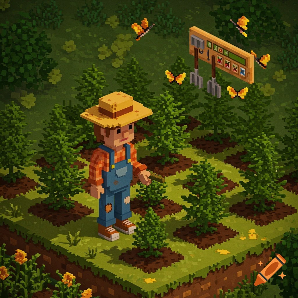 Pixel art isometric view of a farmer in a field with rows of green plants, butterflies, and a wooden sign.