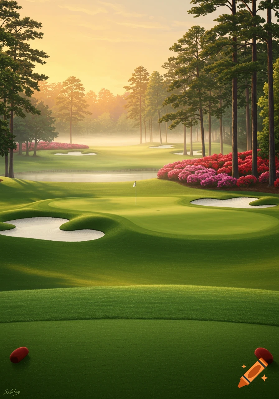 A scenic golf course with lush green fairways, sand traps, pink flowers, and tall pine trees under a golden sky.