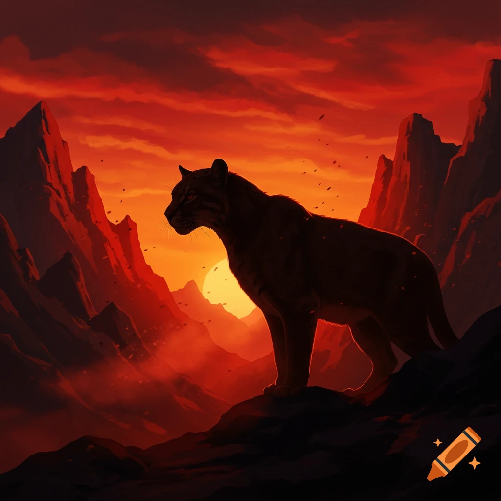 A silhouette of a wildcat stands on a rocky mountain peak against a vibrant red and orange sunset.