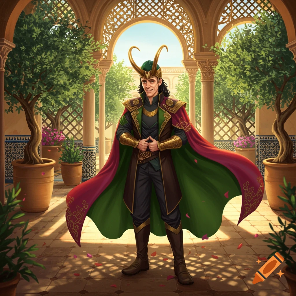 A character resembling Loki in green and gold armor with a horned helmet stands in an ornate Spanish-style courtyard with arches and potted plants.