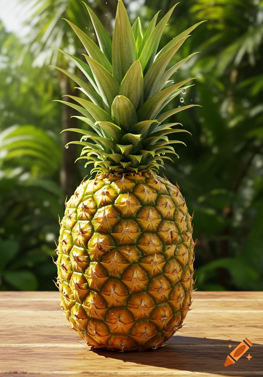 A photorealistic image of a fresh pineapple with water droplets, sitting on a wooden table outdoors with blurred green foliage in the background.