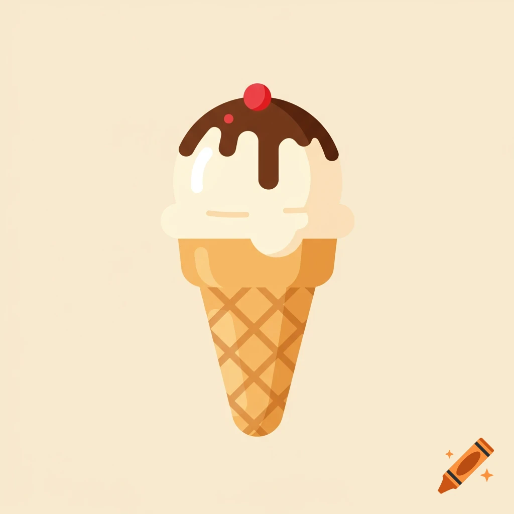 A flat design illustration of a vanilla ice cream cone with chocolate syrup and a red cherry on top.