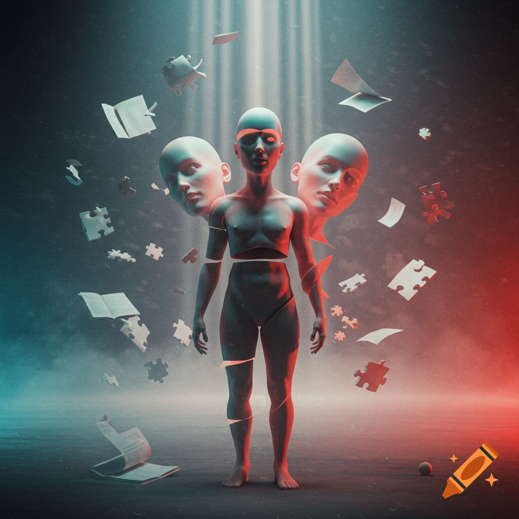 A surreal digital art image of a fragmented mannequin figure with floating detached heads, puzzle pieces, and books, lit by blue and red light.