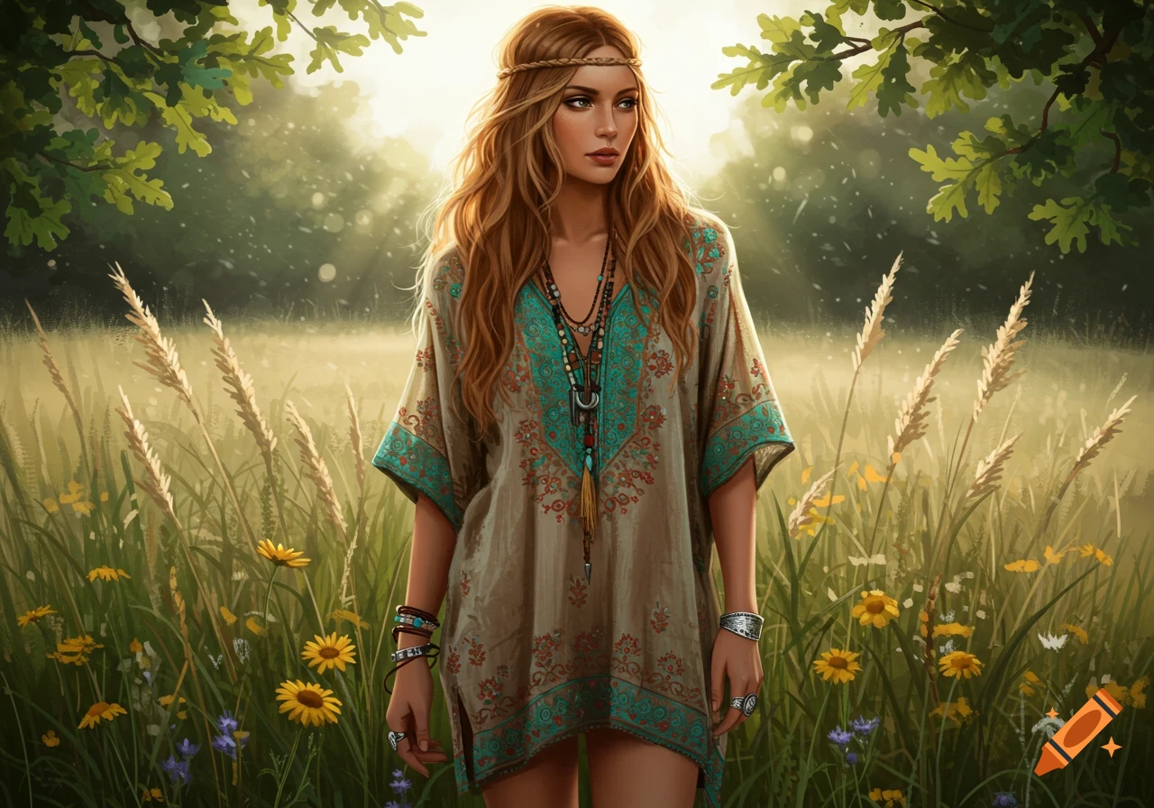 A long-haired woman in a boho outfit stands in a sunlit field with tall grass and wildflowers.