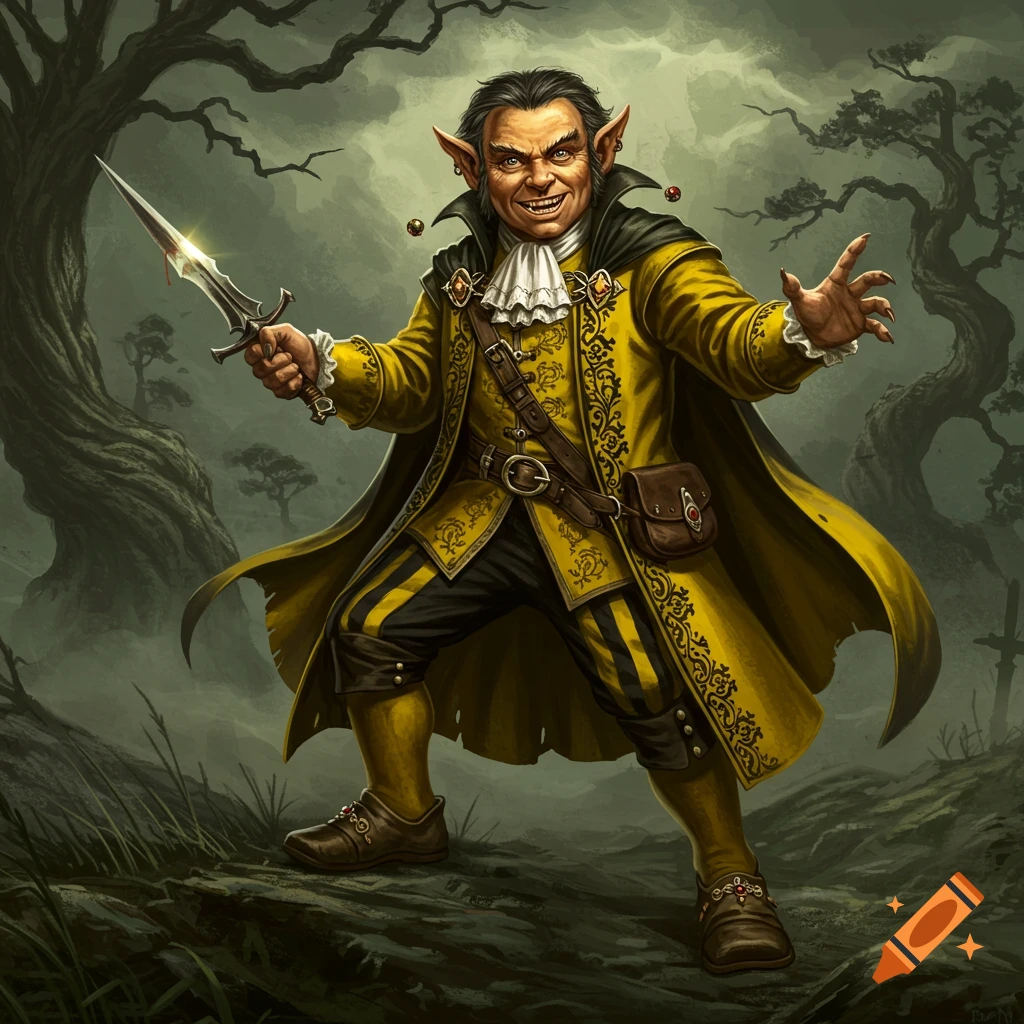 A menacing goblin-like creature in a yellow and black aristocratic coat holds a dagger, standing in a dark, misty forest.