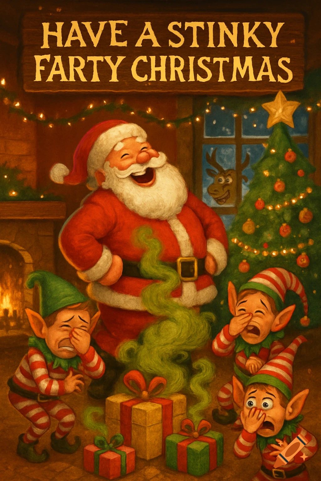 Cartoon of a laughing Santa Claus farting green gas, while disgusted elves hold their noses in a Christmas scene.