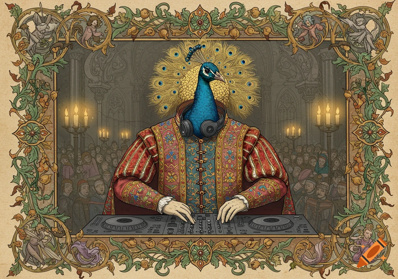 A peacock-headed DJ in medieval attire, playing on turntables in a grand hall, illustrated in the style of a medieval manuscript.