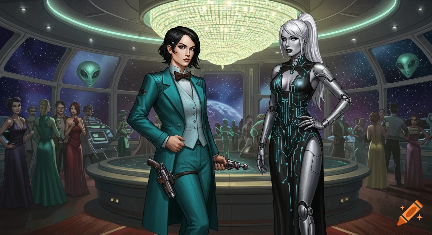 Two women, one in a teal suit, one a robotic figure, at a retro-futuristic sci-fi gala in an orbital ballroom with space view.