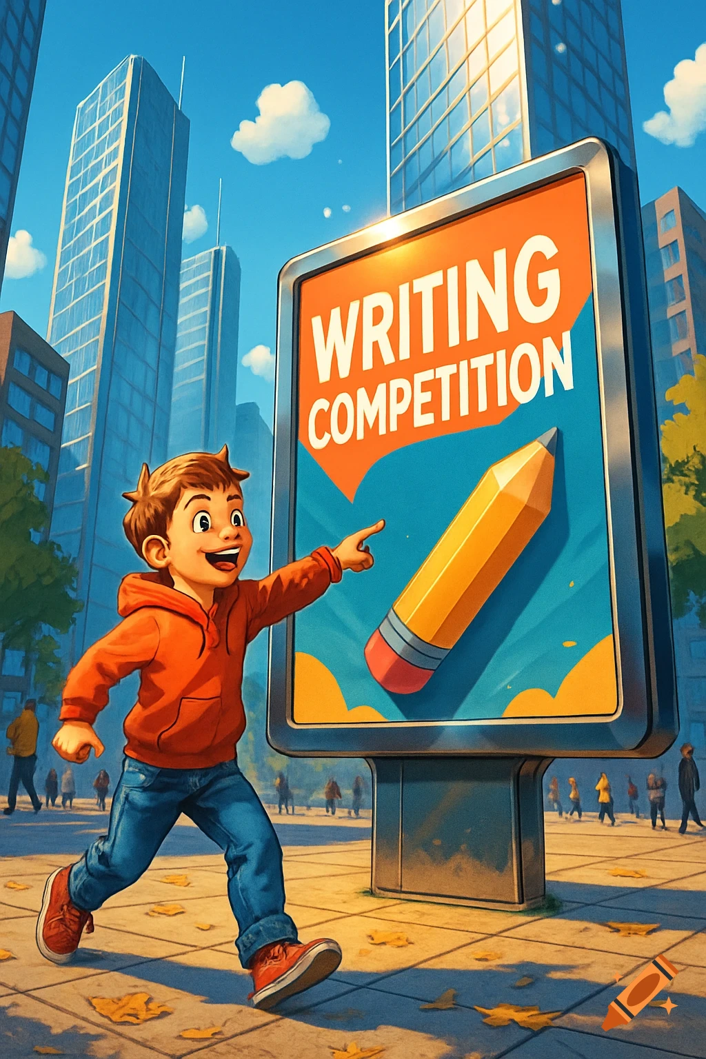 Cartoon boy points at a 'WRITING COMPETITION' poster in a city street, with tall buildings under a blue sky.