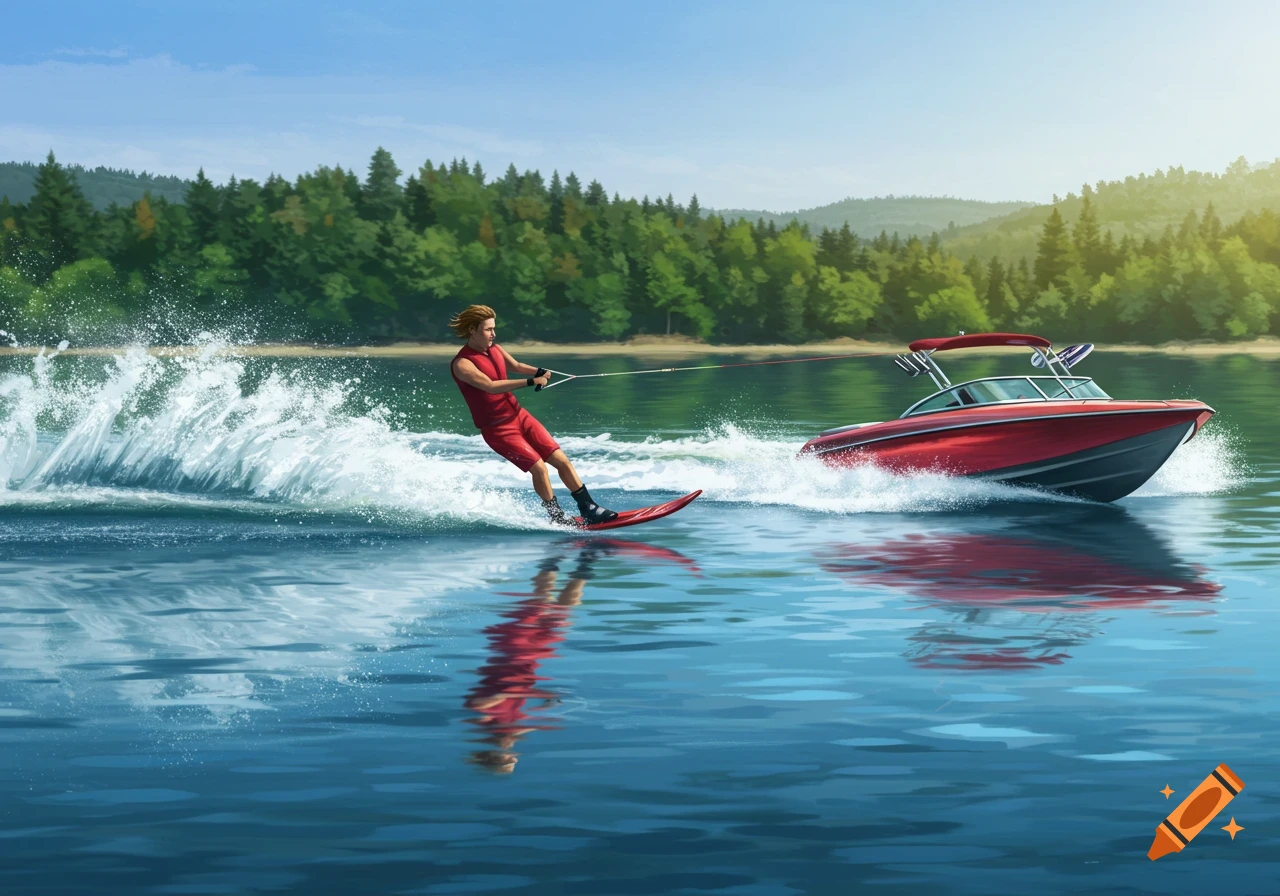 A person water skiing behind a red boat on a calm lake with a forested shoreline under a clear blue sky.