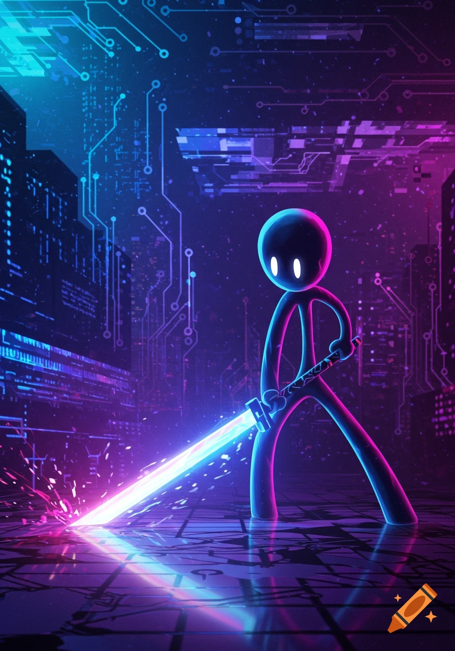 A neon stickman holds a glowing futuristic sword in a dark, circuit board-like cityscape.
