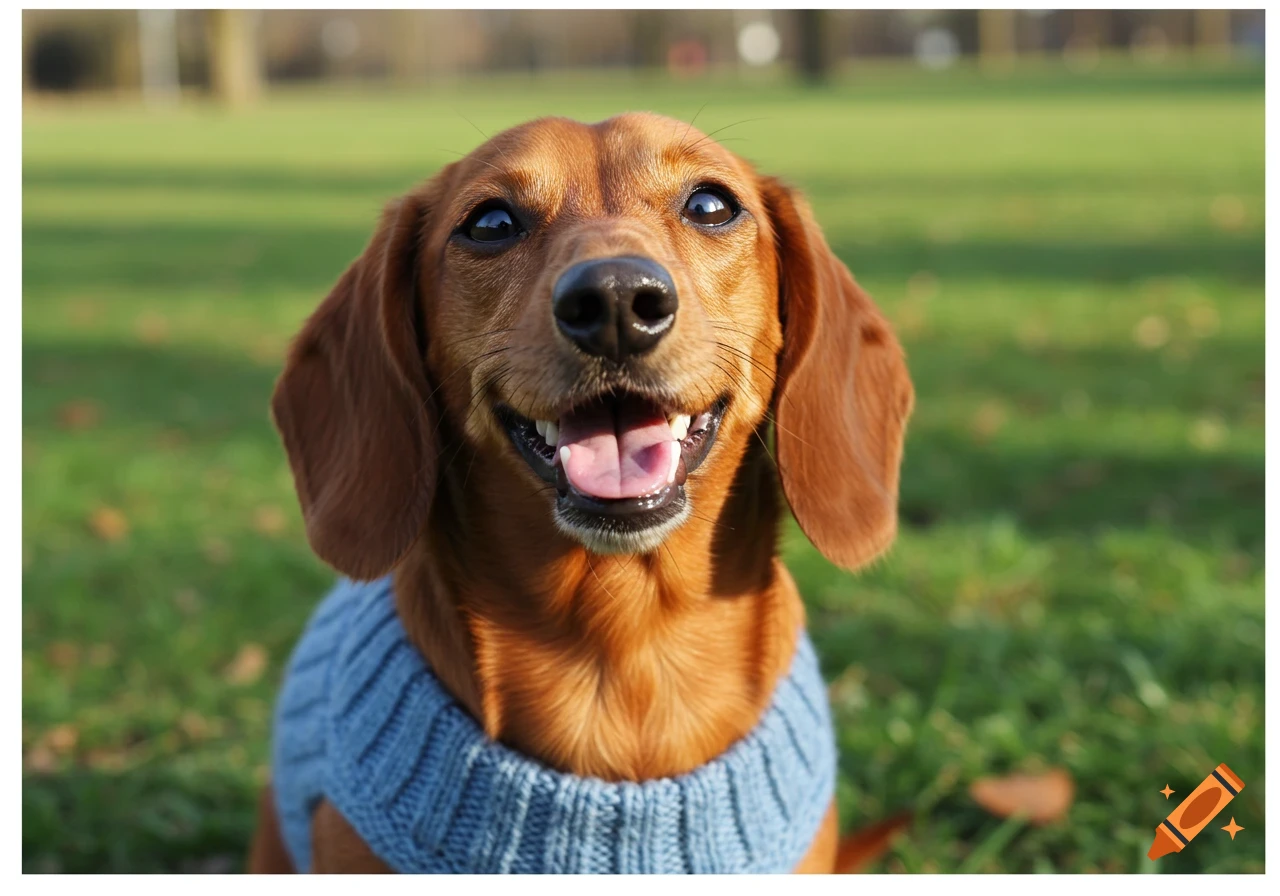 A close-up of a smiling brown dachshund wearing a blue knitted sweater, sitting in a sunny green park.
