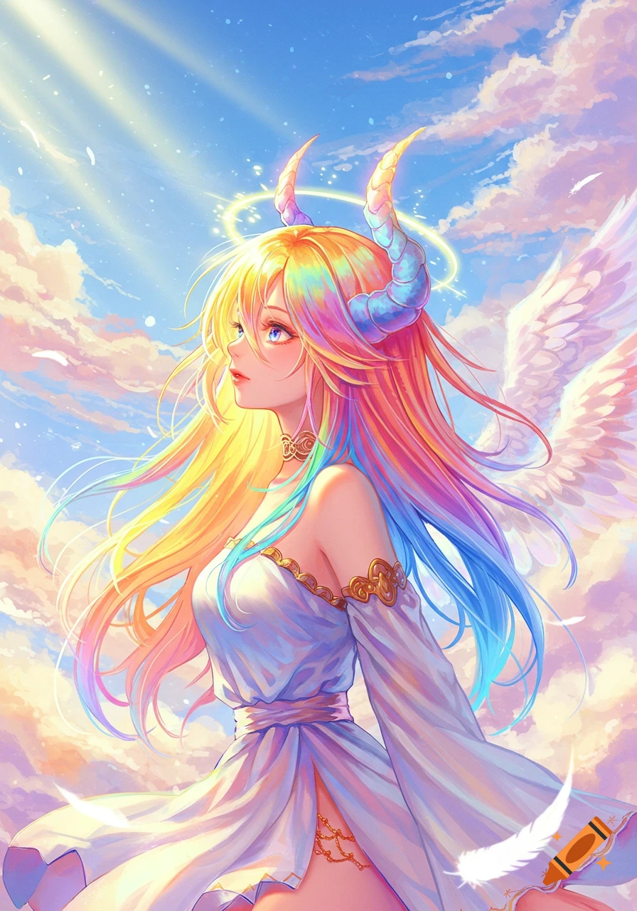Anime woman with rainbow hair, horns, halo, and wings in a white dress, looking up at a blue sky with clouds and sunrays.