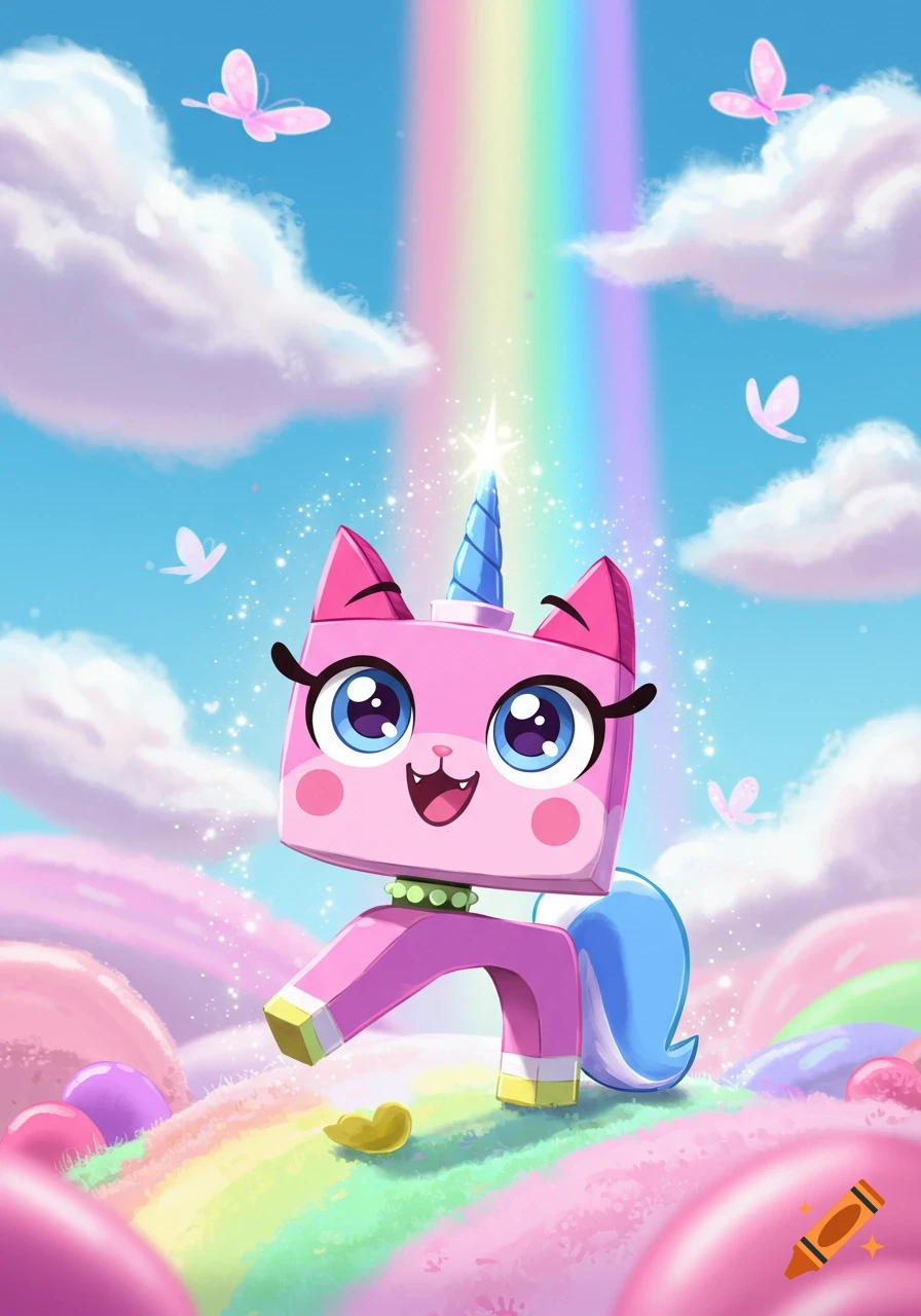 A cute, smiling pink unicorn cat with a blue horn stands on a rainbow-colored hill under a bright sky with a rainbow and clouds.