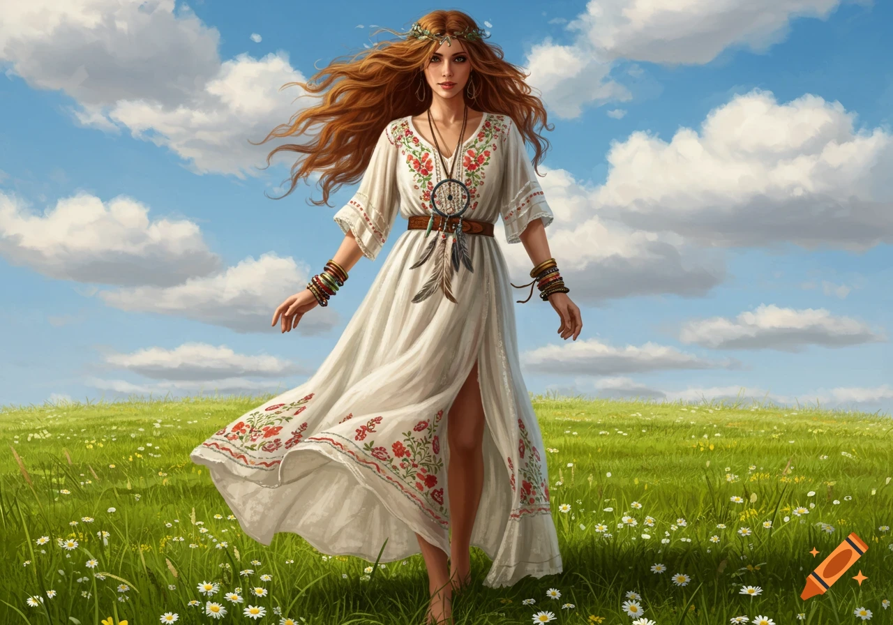 A woman with long red hair wearing a white boho dress adorned with embroidery and a dreamcatcher necklace stands in a field of wildflowers under a cloudy sky, digital painting.