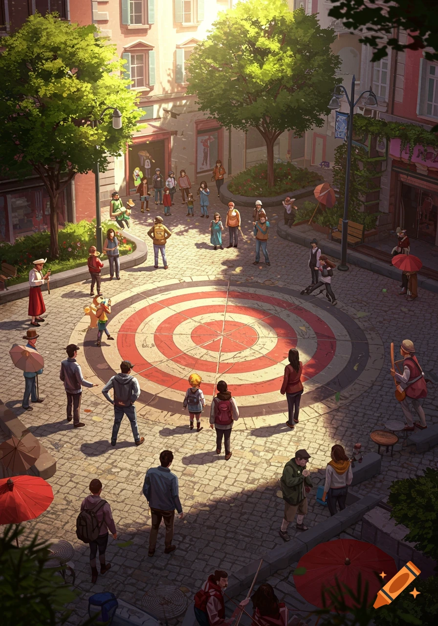 An illustration of a bustling town square with many people gathered around a large red and white target painted on the cobblestone ground.