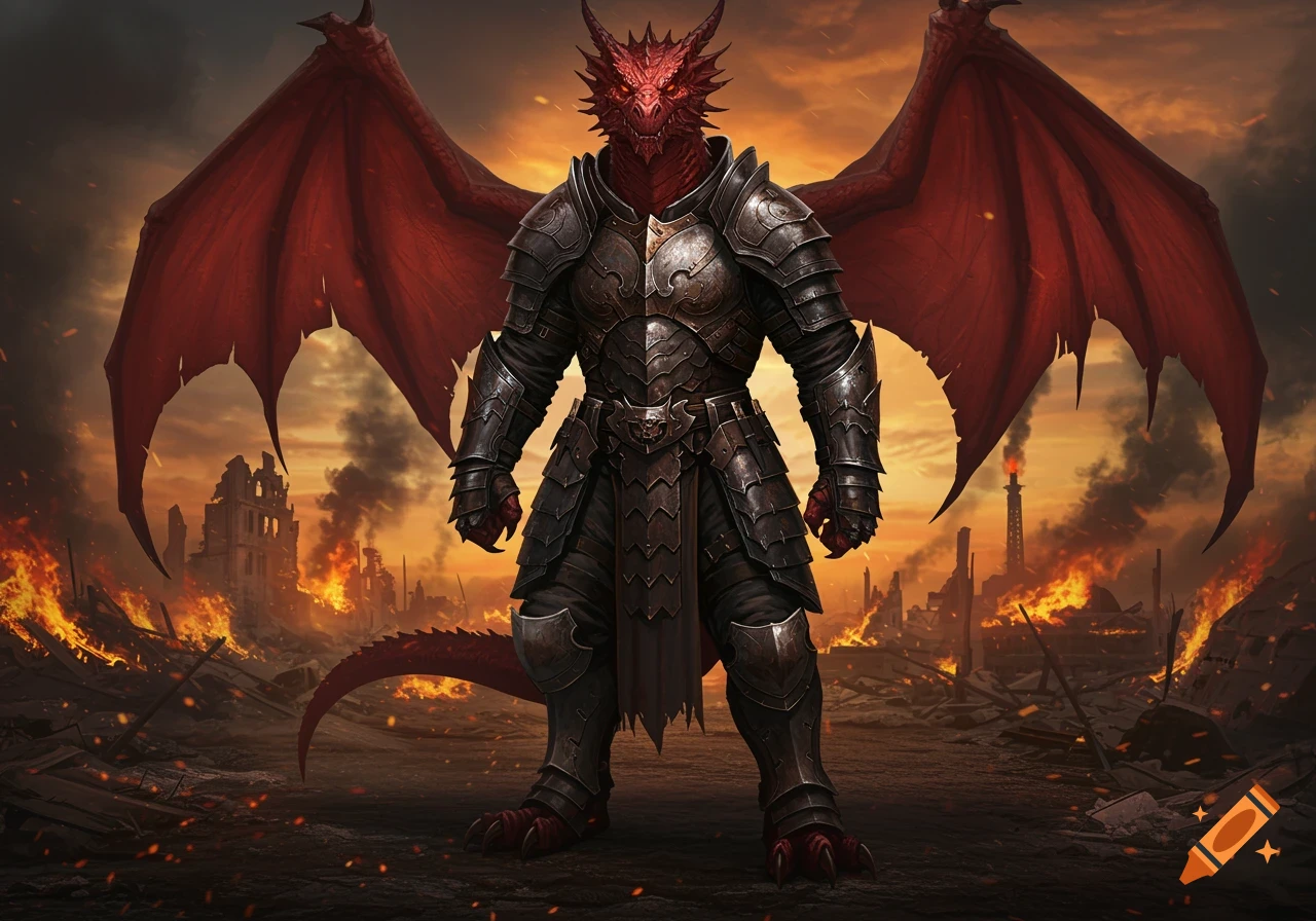 A menacing red dragon in dark armor stands amidst a burning, devastated city under an orange sky.