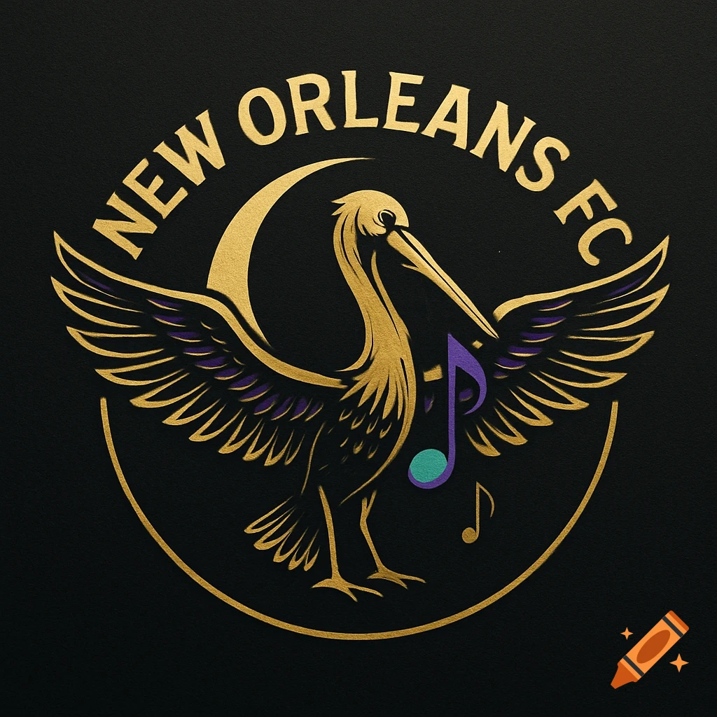 A gold and purple logo featuring a stylized pelican with outstretched wings, a crescent moon behind it, and musical notes. The text "NEW ORLEANS FC" arches above.