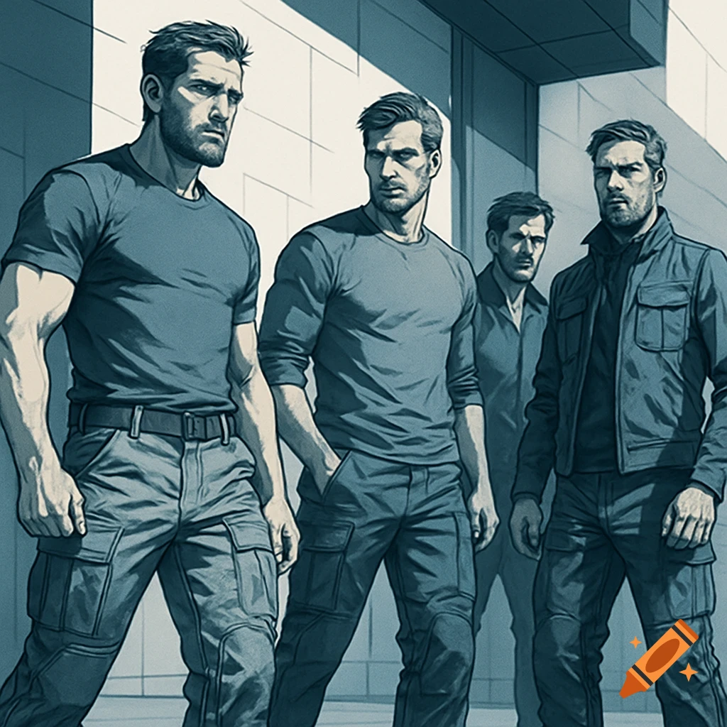 Illustration of four serious men wearing tactical pants and shirts, standing outdoors in front of a building.