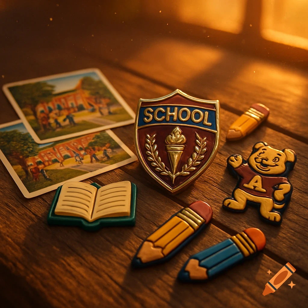 A photorealistic still life image of school-themed items on a wooden table, including a 'SCHOOL' badge, postcards, an open book, pencils, and a bear magnet.