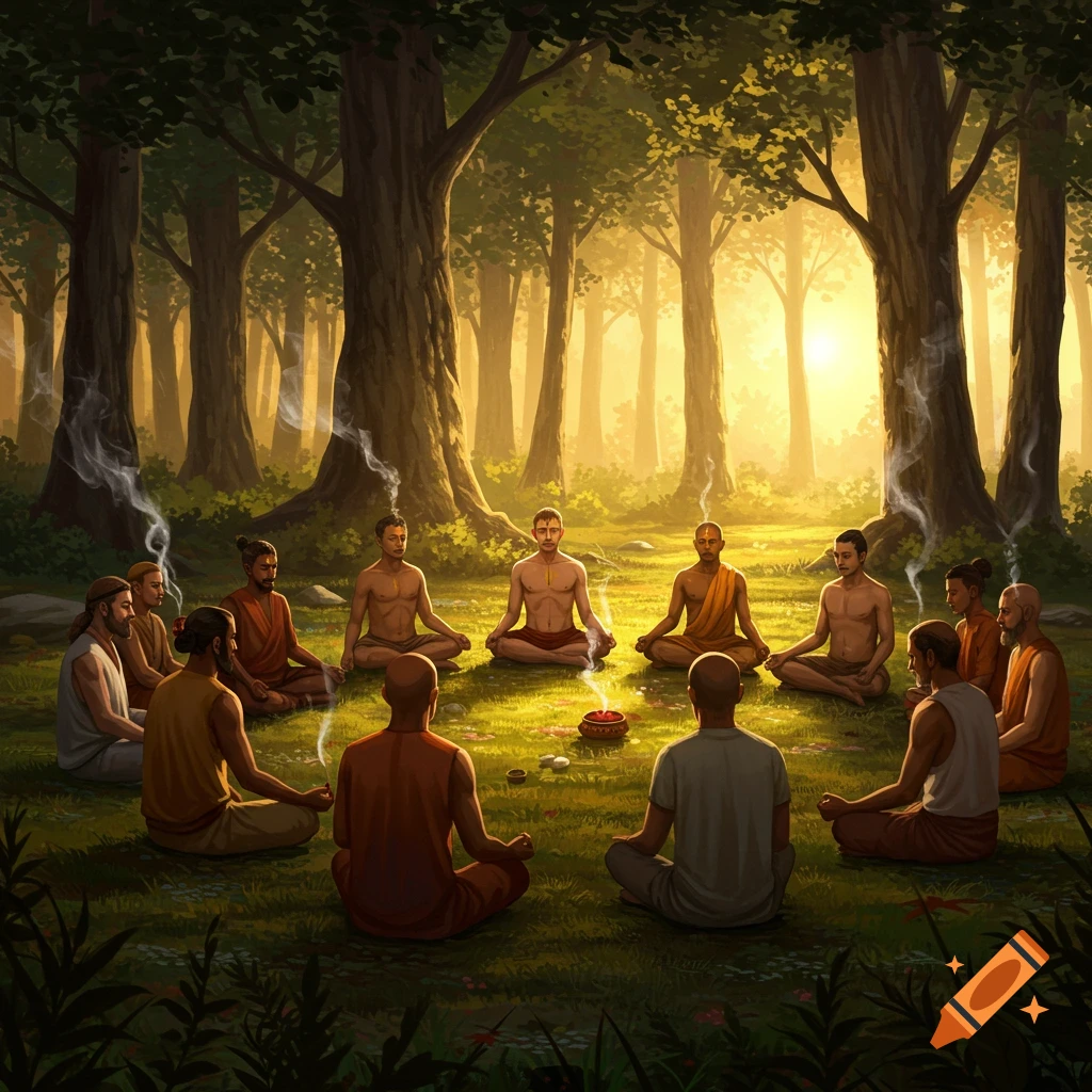 A group of men meditating in a circle in a sunlit forest clearing, with smoke rising from offerings.